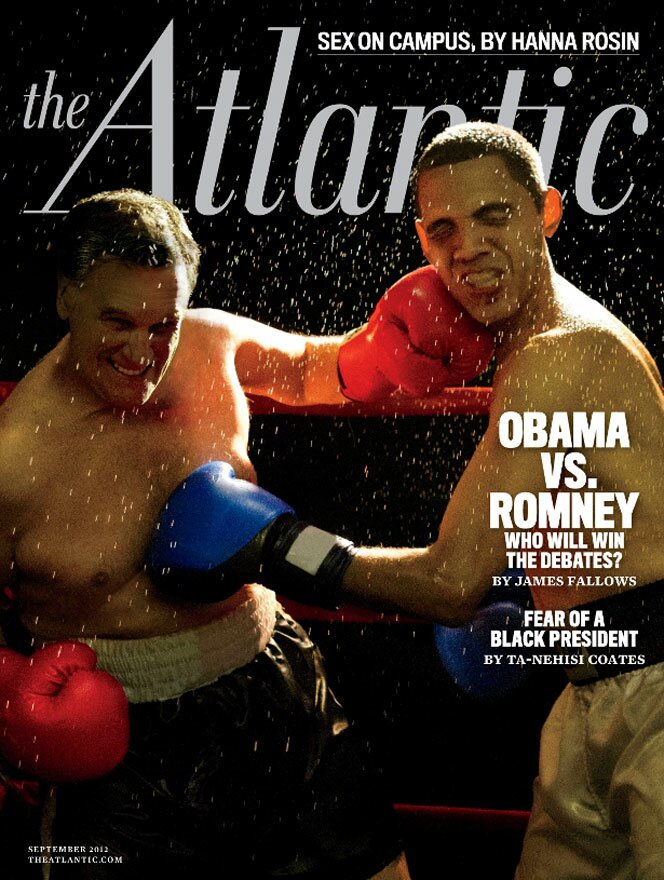 Barack Obama Impersonator Maxwell Price and Mitt Romney Impersonator Mike Cote Featured In Slugfest 2012 Photo On September Cover For The Atlantic Photographed By Alison Jackson
