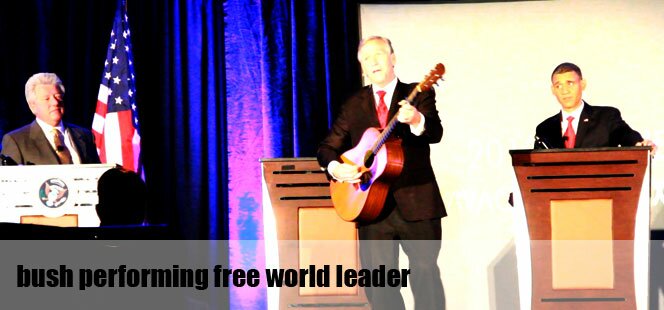 Bush Impersonator John Morgan Performs His Original Song Free World Leader With Clinton Impersonator Tim Watters And Obama Impersonator Louis Ortiz In Presidential Apprentice